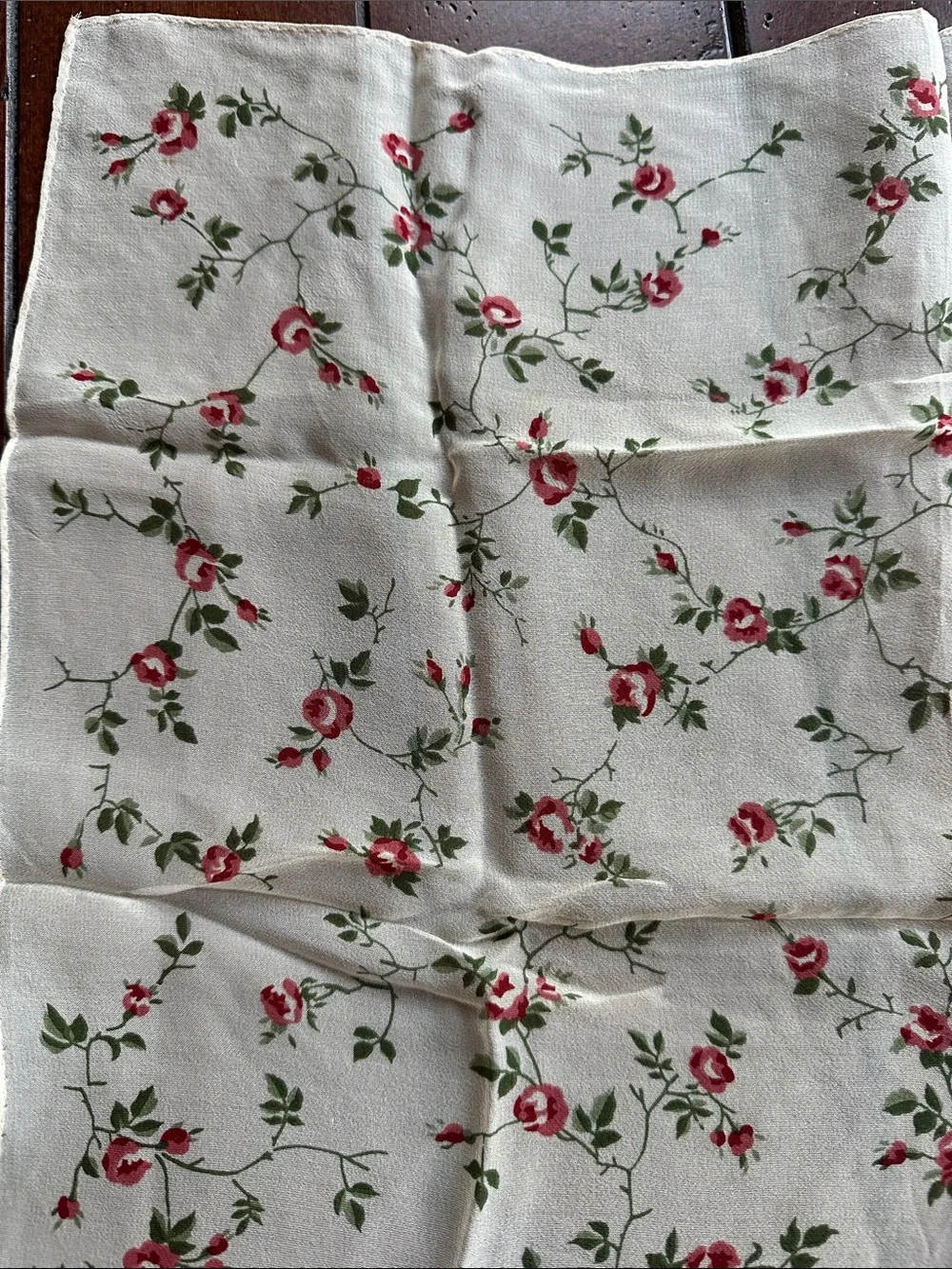 Ann Taylor Cream 💯 Silk Scarf with Pink Rose Vine Print